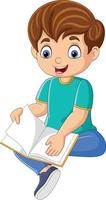 Happy little boy sitting and reading a book vector