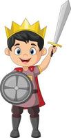 Cartoon little prince holding a sword and shield vector