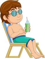 Cartoon little boy relaxing with drinking cocktail on beach chair vector