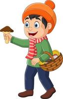 Cartoon little boy with basket of mushrooms vector