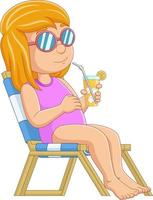 Cartoon little girl relaxing with cocktails on beach chair vector