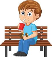 Cartoon little boy eat donut and drink soda on bench vector