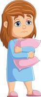 Cartoon sleepy girl standing with hugging pillow vector