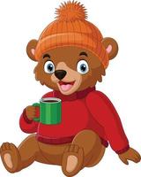 Cartoon bear wearing sweater and hat holding hot coffee vector