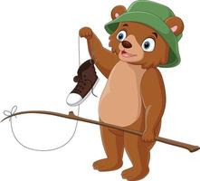 Cute bear cartoon fishing caught a shoe vector