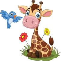 Cartoon little giraffe with blue bird in the grass vector