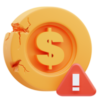 3d render illustration of broken coin icon warning of financial crisis, recession png