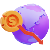 3D Render ilustración de la moneda y el icono del globo relacionado con la crisis de la recesión mundial png