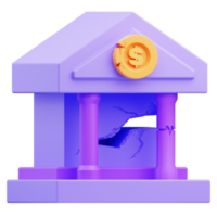 3d rendering illustration of broken bank building icon symbolizing financial crisis, recession png