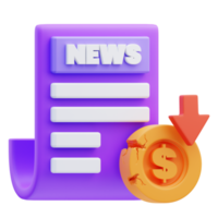 3D render ilustração do ícone de papel de notícias sobre recessão econômica, crise financeira png