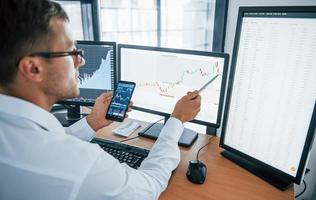 With phone and pen. Analysing graphs. Young businessman in formal clothes is in office with multiple screens. Conception of exchange and money photo