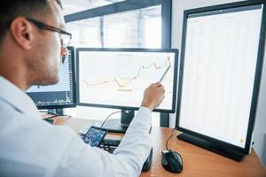 With phone and pen. Analysing graphs. Young businessman in formal clothes is in office with multiple screens. Conception of exchange and money photo