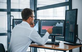 Looks at the graphs. Young businessman in formal clothes is in office with multiple screens. Conception of exchange and money photo