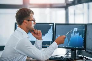 Monitoring information. Young businessman in formal clothes is in office with multiple screens. Conception of exchange and money photo