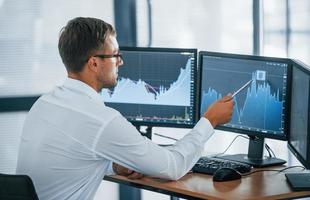 Monitoring information. Young businessman in formal clothes is in office with multiple screens. Conception of exchange and money photo
