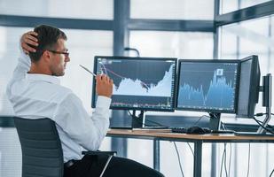 Monitoring information. Young businessman in formal clothes is in office with multiple screens. Conception of exchange and money photo