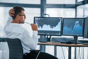 Monitoring information. Young businessman in formal clothes is in office with multiple screens. Conception of exchange and money photo