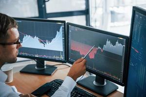 Looks at the graphs. Young businessman in formal clothes is in office with multiple screens. Conception of exchange and money photo