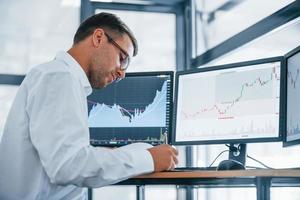 Works with documents. Young businessman in formal clothes is in office with multiple screens. Conception of exchange and money photo