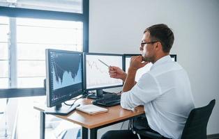 Holds pen and looks at the graphs. Young businessman in formal clothes is in office with multiple screens. Conception of exchange and money photo