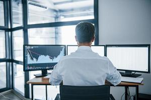 Busy employee. View from the back. Young businessman in formal clothes is in office with multiple screens. Conception of exchange and money photo