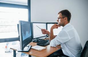 Holds pen and looks at the graphs. Young businessman in formal clothes is in office with multiple screens. Conception of exchange and money photo