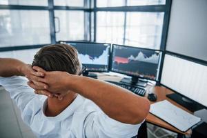 Having a rest. Young businessman in formal clothes is in office with multiple screens. Conception of exchange and money photo