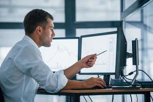 Side view. Young businessman in formal clothes is in office with multiple screens. Conception of exchange and money photo