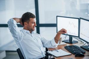 Feeling good. Conception of success. Young businessman in formal clothes is in office with multiple screens. Conception of exchange and money photo