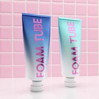 3D rendering facial foam tube mockup on pink tile background photo