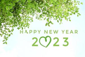 'HAPPY NEW YEAR 2023' in green color with ficus branches and leaves background, concept for greeting invitation card and happy new year 2023, happy life. photo