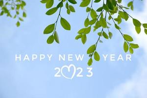 'HAPPY NEW YEAR 2023' in green color with ficus branches and leaves background, concept for greeting invitation card and happy new year 2023, happy life. photo