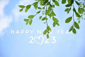 'HAPPY NEW YEAR 2023' in green color with ficus branches and leaves background, concept for greeting invitation card and happy new year 2023, happy life. photo