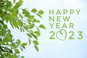 'HAPPY NEW YEAR 2023' in green color with ficus branches and leaves background, concept for greeting invitation card and happy new year 2023, happy life. photo