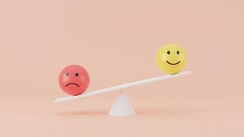 Sad face emotion icon outweigh more than happy face emotion icon on balance scales with orange background. 3d Render photo