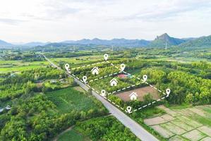 Land plot for building house aerial view, land field with pins, pin location for housing subdivision residential development owned sale rent buy or investment home or house expand the city suburb photo