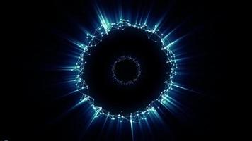 Endless appearance of circles with intertwined lines of blue particles and glowing rays on black video