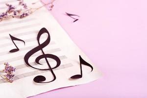 Paper musical clef and paper notes on a sheet of music and dry flowers. photo