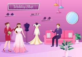 tienda de bodas con joyas, hermosos vestidos de novia y accesorios adecuados para póster en ilustración de plantilla dibujada a mano de caricatura plana vector