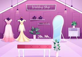 Wedding Shop with Jewellery, Beautiful Bride Gowns and Accessories Suitable for Poster in Flat Cartoon Hand Drawn Template Illustration