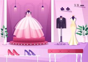 tienda de bodas con joyas, hermosos vestidos de novia y accesorios adecuados para póster en ilustración de plantilla dibujada a mano de caricatura plana vector