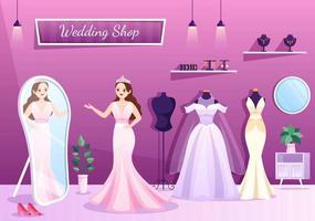 tienda de bodas con joyas, hermosos vestidos de novia y accesorios adecuados para póster en ilustración de plantilla dibujada a mano de caricatura plana vector