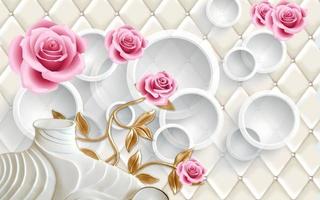 leather luxury 3d wallpaper for home interior design with geometric circle shapes and pink rose flower decorative photo