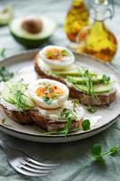 Bread toast, boiled eggs, avocado slice, microgreens on a plate photo