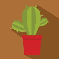 Green cactus in red pot icon, flat style vector