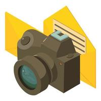 Rest concept icon isometric vector. Modern photo camera and open paper envelope vector