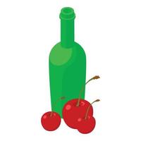 Cherry drink icon isometric vector. Bright ripe cherry green glass bottle icon vector