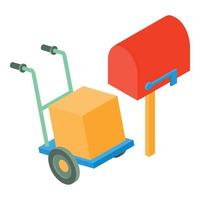 Post delivery icon isometric vector. Red mailbox cardboard box in cargo trolley vector