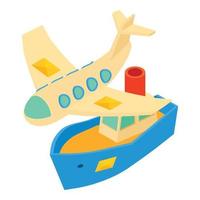 Correspondence delivery icon isometric vector. Flying plane and floating boat vector
