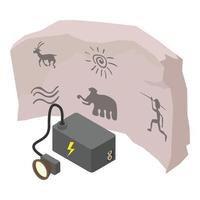 Exploring petroglyphs icon isometric vector. Cave rock painting and search light vector